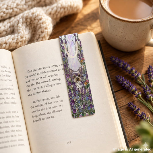 A rectangular paper bookmark with a printed illustration of a cat among purple lavender and green leaves, resting on an open book on a wooden table. A ceramic mug, lavender sprigs, and a knitted blanket are visible in the scene.