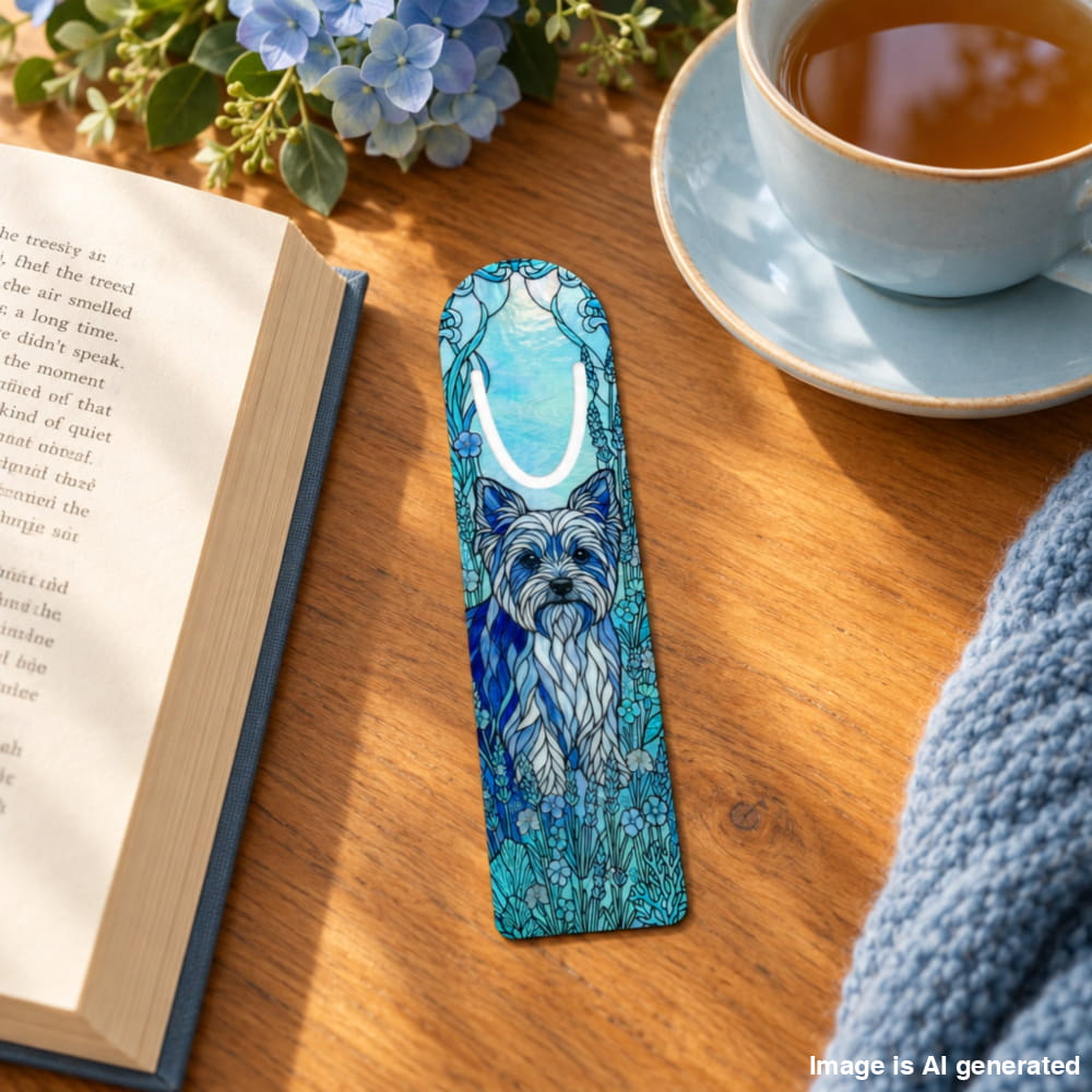 A decorative metal bookmark featuring a blue and teal stained-glass-style illustration of a Yorkshire Terrier, resting on a wooden table next to an open book, a cup of tea, and a knitted blanket.