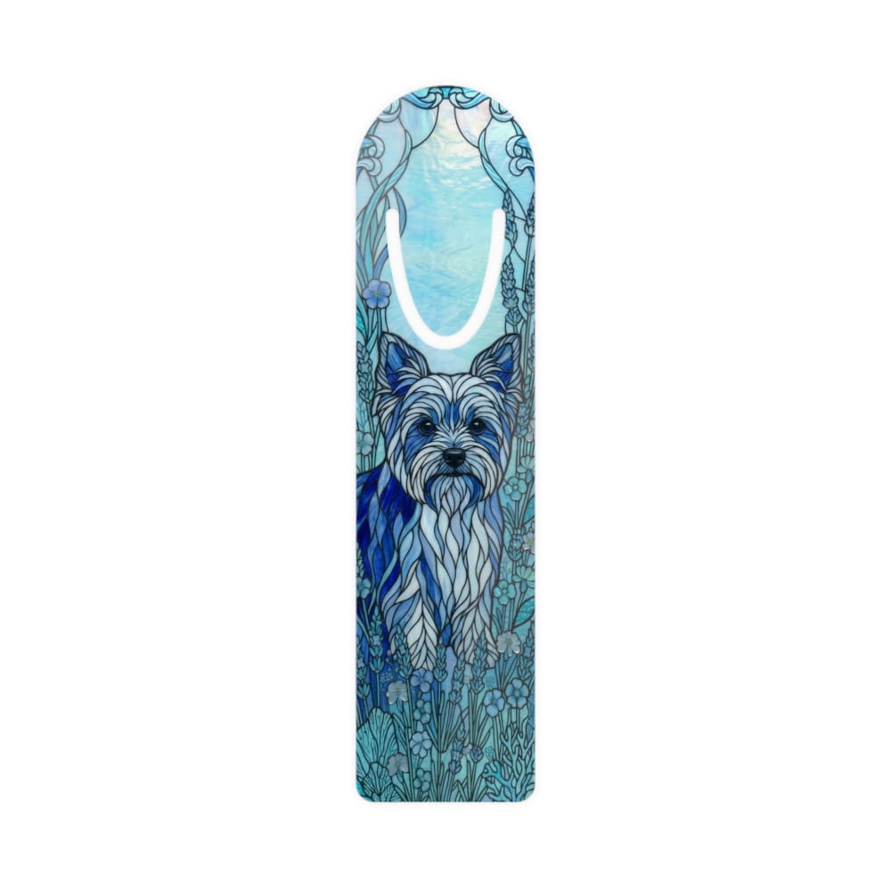 A long, narrow gift bag or gift box with a rounded top and white handle, decorated with a blue and white line-art illustration of a small dog surrounded by floral and ornamental patterns, shown on a plain white background.