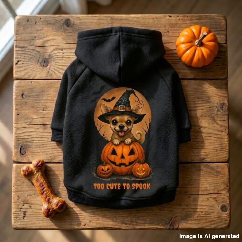 A black pet hoodie with a Halloween graphic of a chihuahua in a witch hat sitting on jack-o'-lanterns, with the text 'TOO CUTE TO SPOOK' on the back. The hoodie is displayed on a rustic wooden plank surface alongside a small orange pumpkin, a bone-shaped treat, and a small real pumpkin.