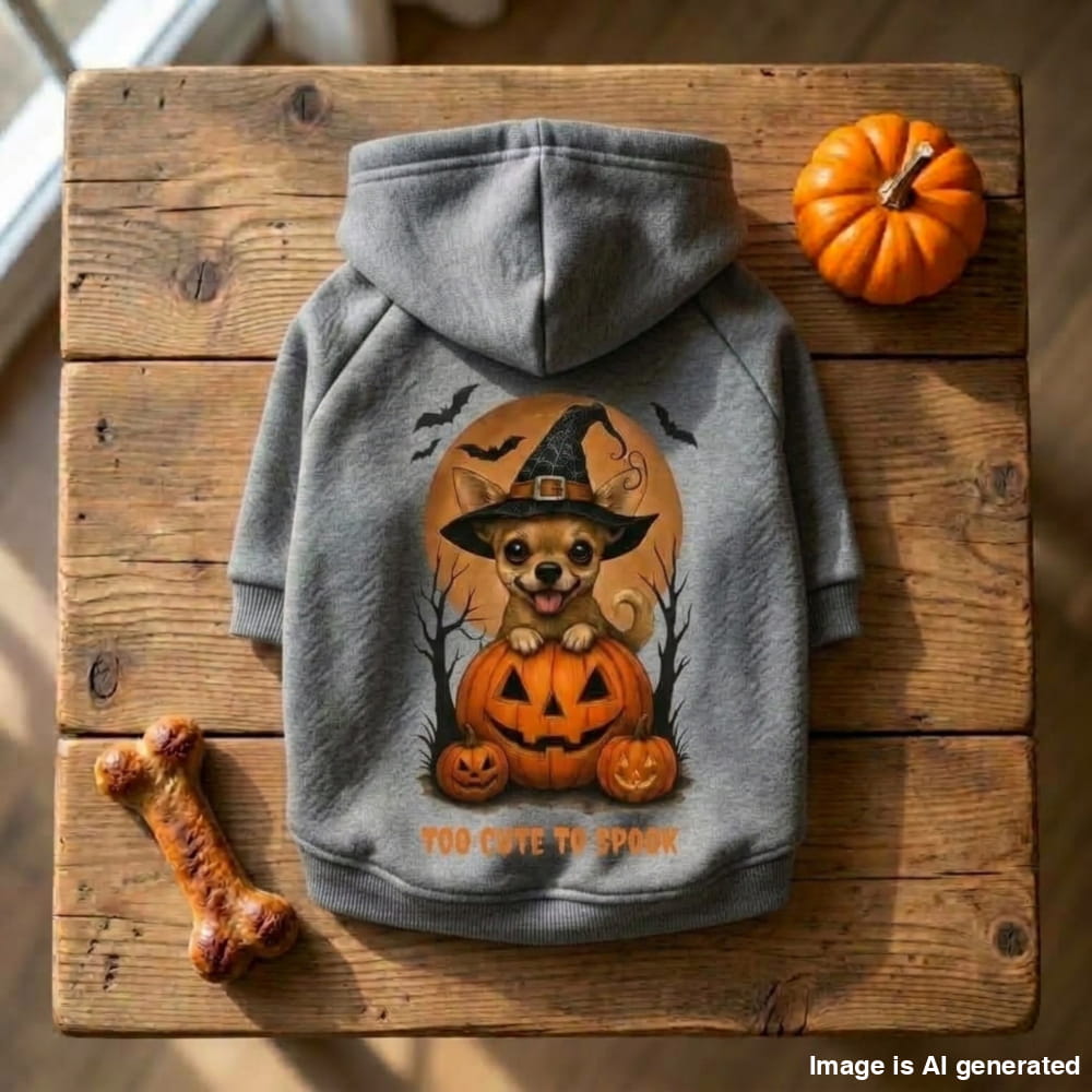 A gray pet hoodie with a Halloween dog graphic, laid flat on a rustic wooden surface with a small pumpkin and bone prop nearby.