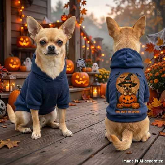 Two small tan dogs on a wooden porch decorated for Halloween. One dog faces forward wearing a navy blue hoodie with a graphic of a dog in a witch hat above a jack-o'-lantern and the text 'TOO CUTE TO SPOON'.