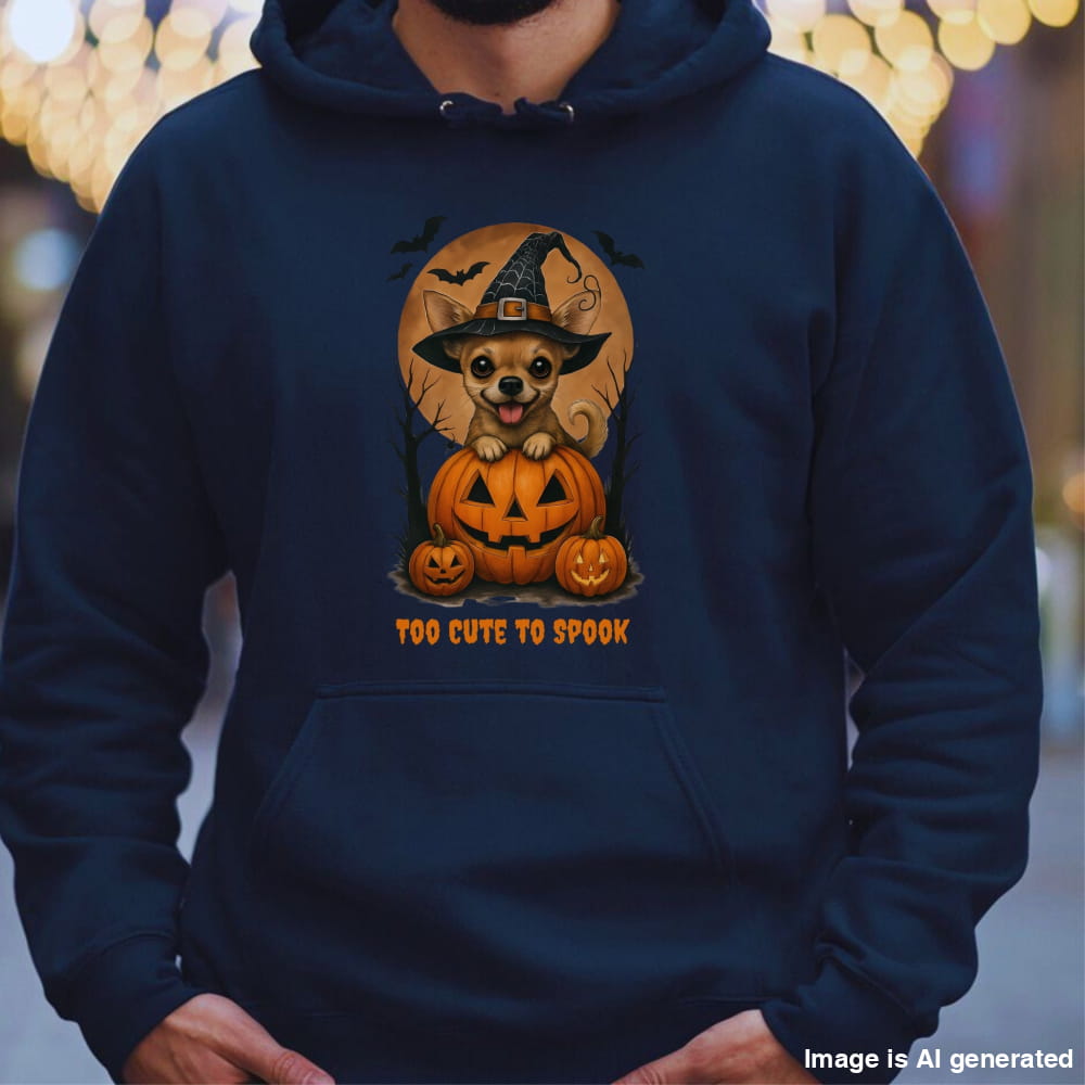 A person wearing a navy blue hoodie with a Halloween graphic of a chihuahua in a witch hat sitting on jack-o'-lantern pumpkins, with the text 'TOO CUTE TO SPOOK' below, against a blurred background with warm lights.