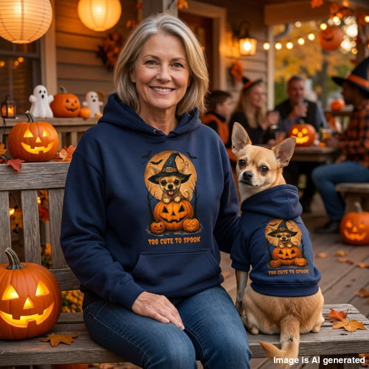 A woman and her small dog sit together on a wooden porch during Halloween, wearing matching navy blue hoodies with a pumpkin-and-skeleton graphic and the text 'YOU CUTE TO SPook'. The scene is decorated with pumpkins, lanterns, and warm string lights.