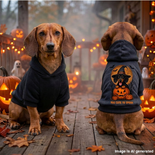 Two dachshunds wearing black hoodies posed on a wooden deck surrounded by Halloween decorations, including jack-o'-lanterns and warm string lights. One dog faces forward wearing a black hoodie, while the other sits with its back to the camera wearing a black hoodie with a graphic of a dog in a witch hat above a jack-o'-lantern and the text 'TOO CUTE TO SPOOK'.