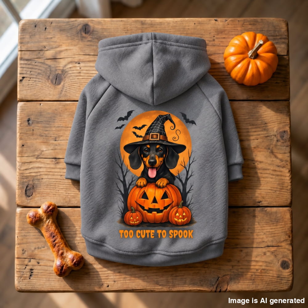 A gray pet hoodie with a Halloween dachshund graphic, displayed on a rustic wooden plank background with a small pumpkin, a bone-shaped prop, and the text 'TOO CUTE TO SPOOK'.