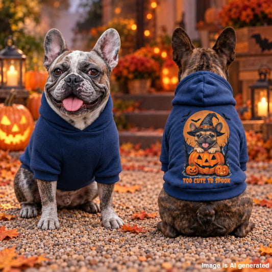 Two dogs wearing navy blue dog hoodies are shown outdoors in a Halloween-themed setting. The dog on the left faces forward wearing a plain navy hoodie, and the dog on the right faces backward wearing a navy hoodie with a Halloween graphic of a dog on a witch hat above jack-o'-lanterns, with the text 'TOO CUTE TO SPOOK' below.