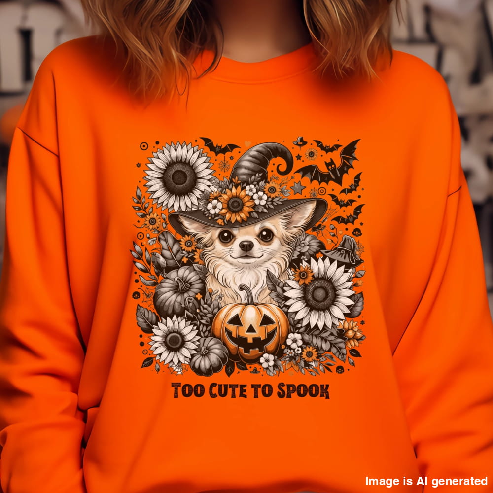 Orange sweatshirt with a Halloween-themed design featuring a dog, pumpkin, and flowers.