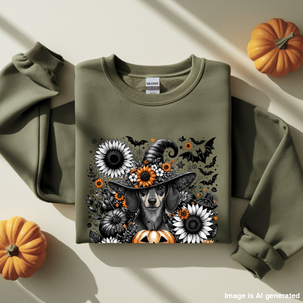 Too Cute to Spook – Halloween Dachshound Unisex Premium Sweatshirt - S / Military Green - SWEATSHIRTS