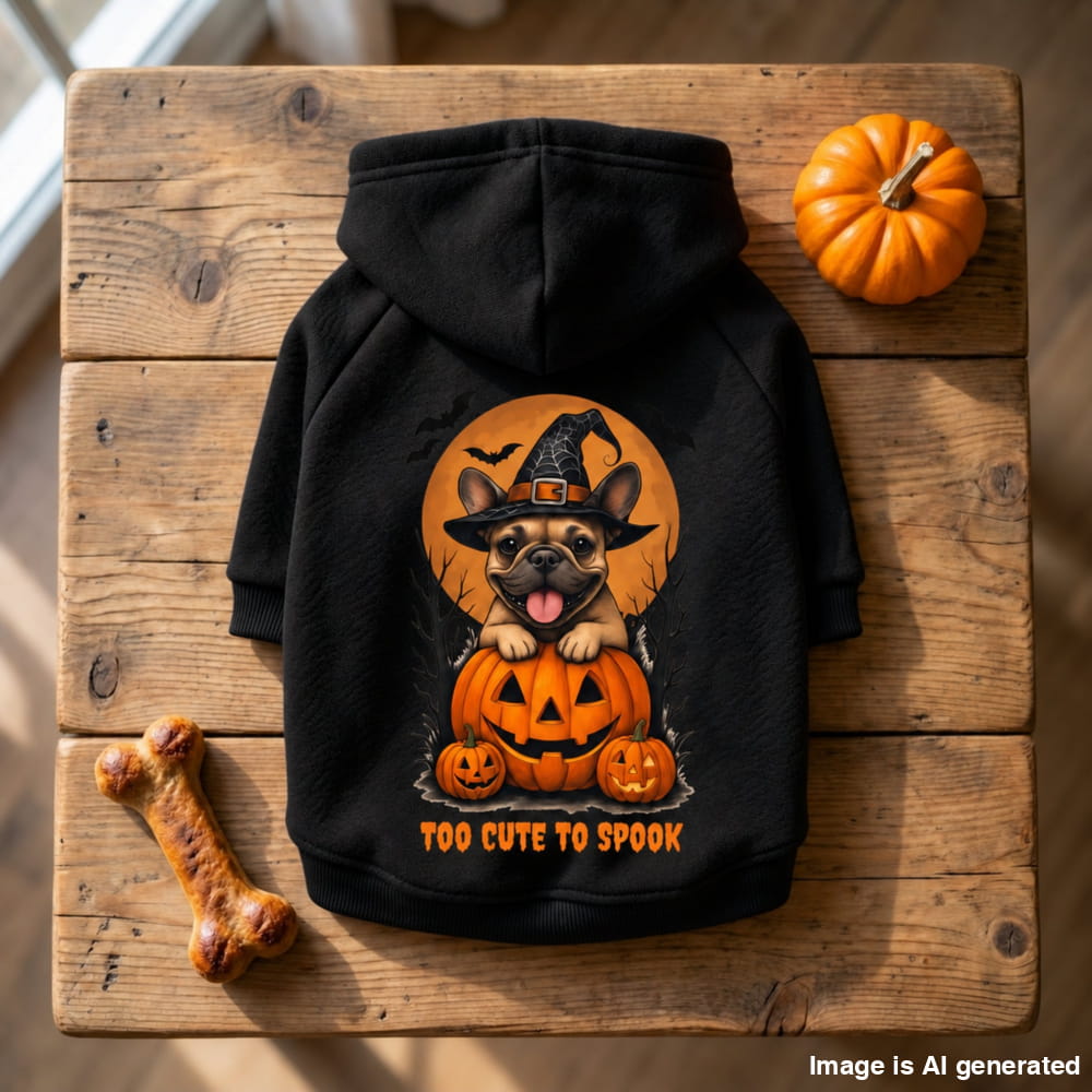 A black pet hoodie laid flat on a rustic wooden board, featuring a Halloween graphic of a French bulldog wearing a witch hat and sitting on a jack-o'-lantern with the text 'TOO CUTE TO SPOOK'. Small pumpkins and a bone-shaped treat are placed around it.