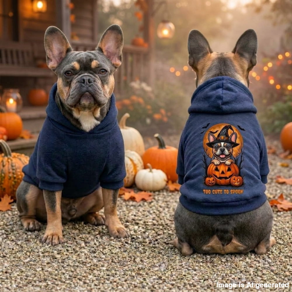 Two French bulldog models wearing navy blue pet hoodies in an outdoor autumn setting with pumpkins and fall leaves. One dog is shown from the front wearing a solid navy hoodie, and the other is shown from the back wearing a navy hoodie with a cartoon graphic of a dog sitting on jack-o'-lanterns and the text 'TOO CUTE TO SCARY'.