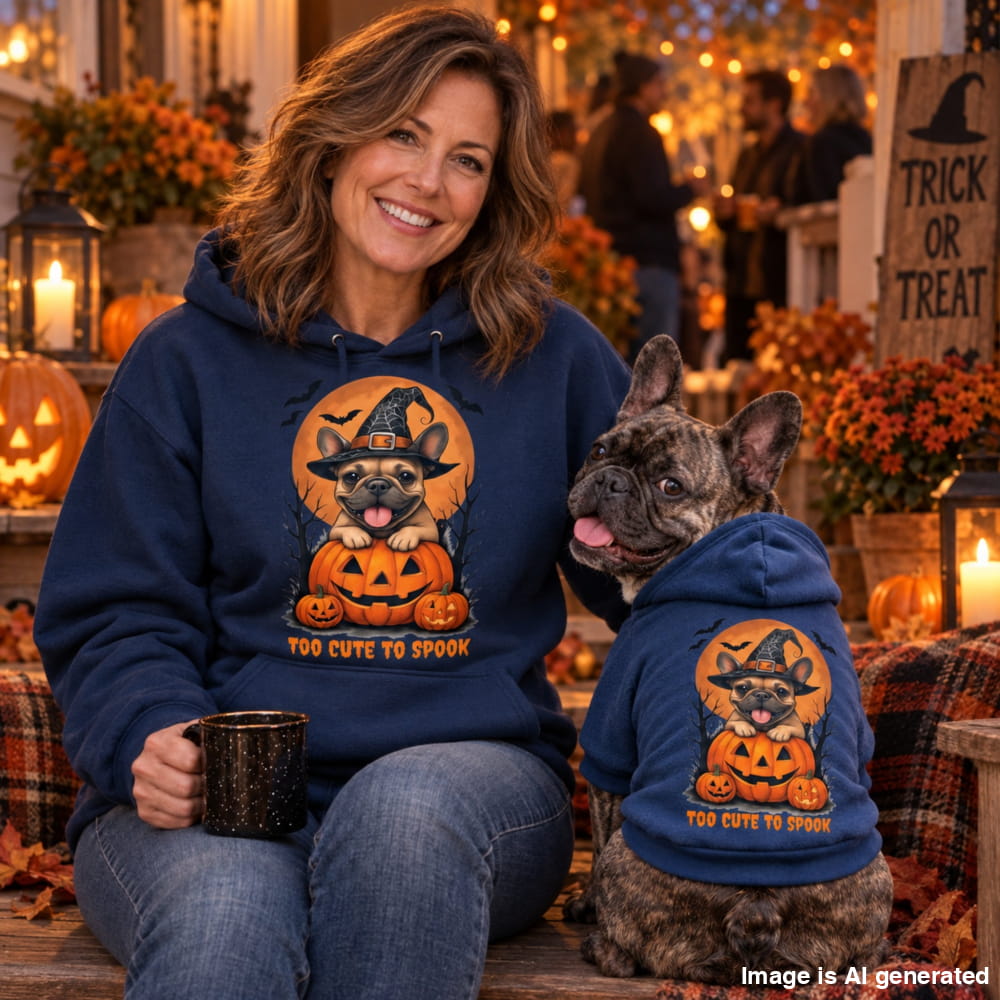 A woman and a French bulldog sit together outdoors wearing matching navy blue hoodies with a Halloween graphic of a dog in a witch hat above jack-o'-lanterns and the text 'TOO CUTE TO SPOOK'. The background shows a decorated fall porch with candles, pumpkins, flowers, and warm string lights.