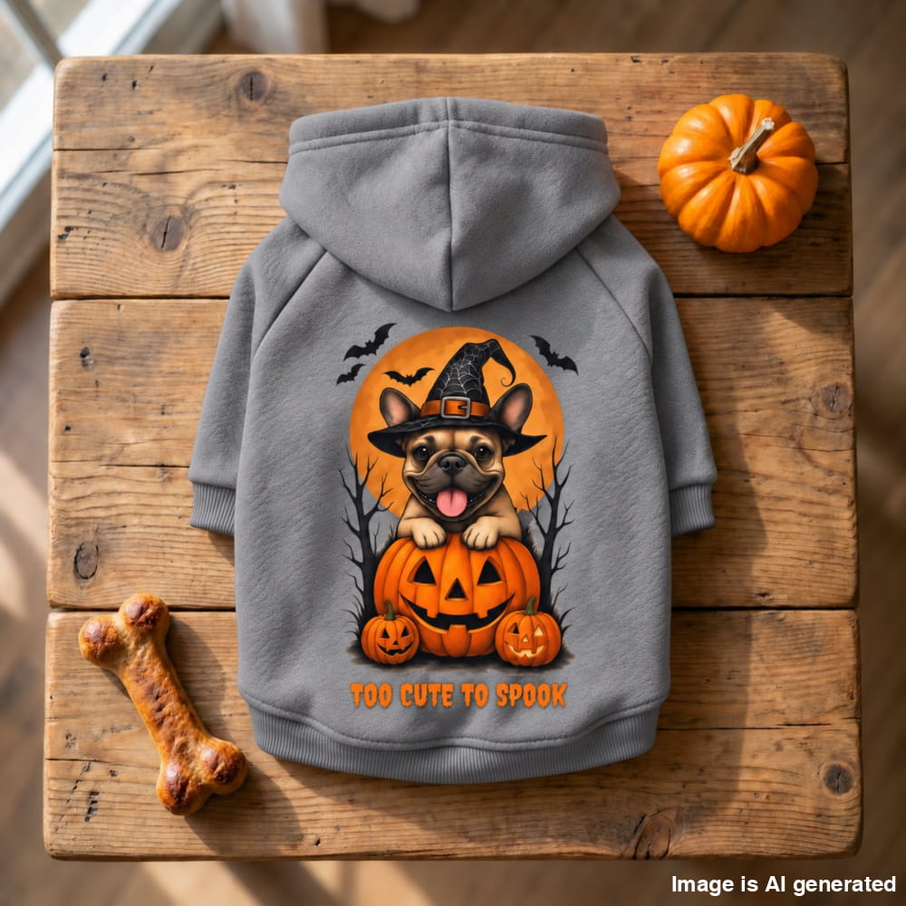 A gray pet hoodie with a large Halloween graphic on the back, displayed on a rustic wooden table with a pumpkin, bone, and small pumpkin props.