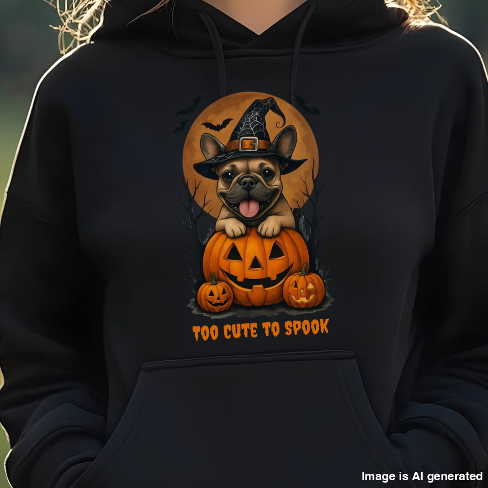 A person wearing a black hoodie with a graphic of a French bulldog dressed as a witch sitting on a jack-o'-lantern, with the text 'TOO CUTE TO SPOOK' below.
