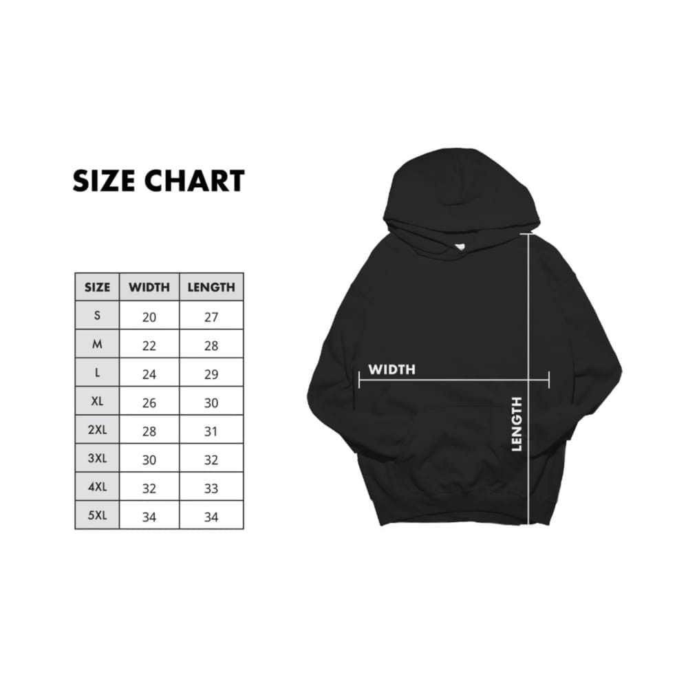 Black hoodie with size chart on a white background