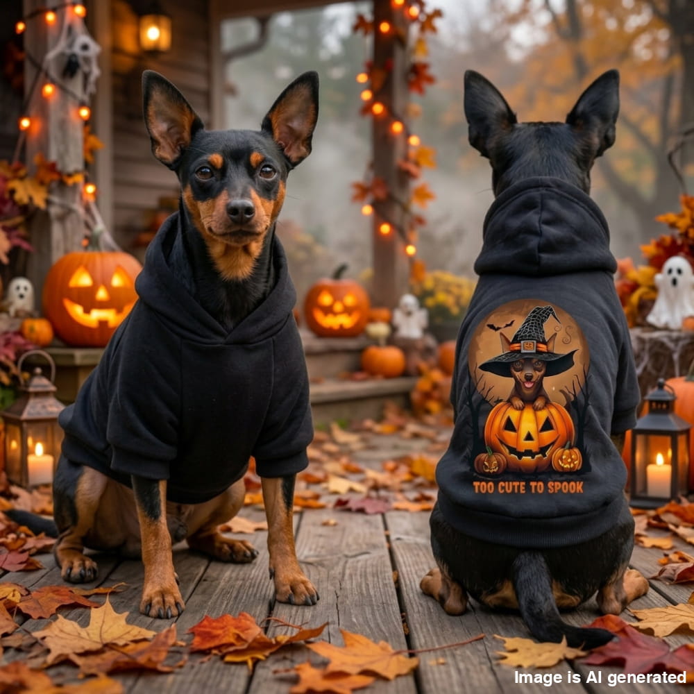 Two small dogs posed on a wooden porch decorated for Halloween, wearing black pet hoodies. The dog on the left faces forward, and the dog on the right faces backward to show a large Halloween graphic on the back featuring jack-o'-lanterns, a witch hat, and the text 'TOO CUTE TO SPOOK'.