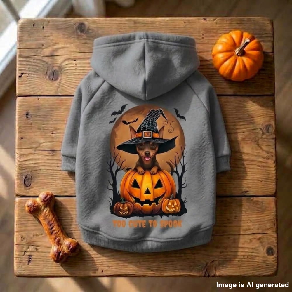 A gray pet hoodie with a Halloween graphic of a dog in a witch hat and jack-o'-lantern, displayed on a rustic wooden surface with a pumpkin and bone prop.
