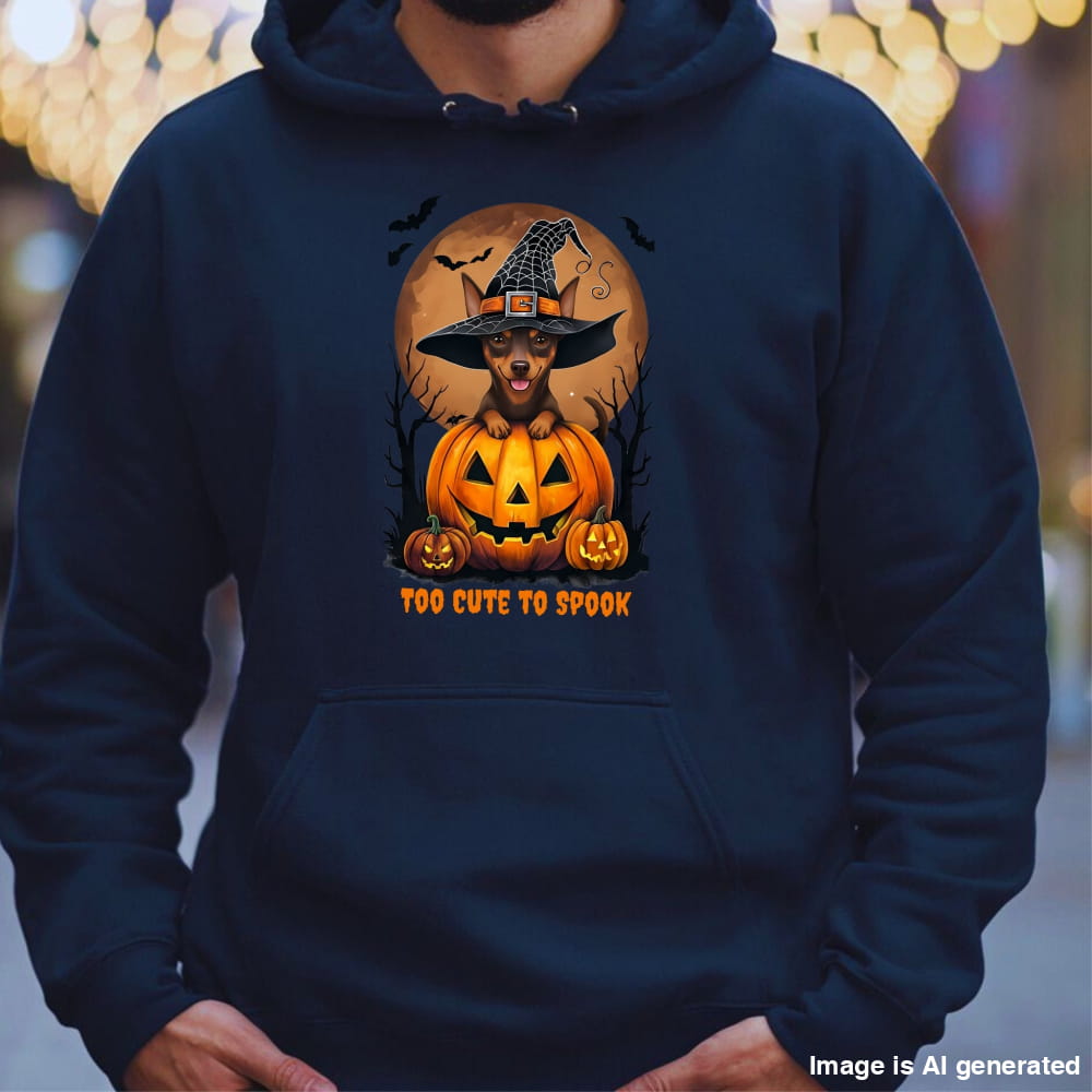 A person wearing a navy blue hoodie with a Halloween graphic of a cute dachshund in a witch hat surrounded by jack-o'-lanterns and the text 'TOO CUTE TO SPOOK'.
