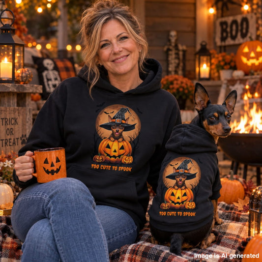 A woman and a small dog sit together outdoors in a Halloween-themed setting, wearing matching black hoodies with a cartoon witch dog graphic and the text 'Too Cute to Snoop.' The woman holds an orange jack-o'-lantern mug.