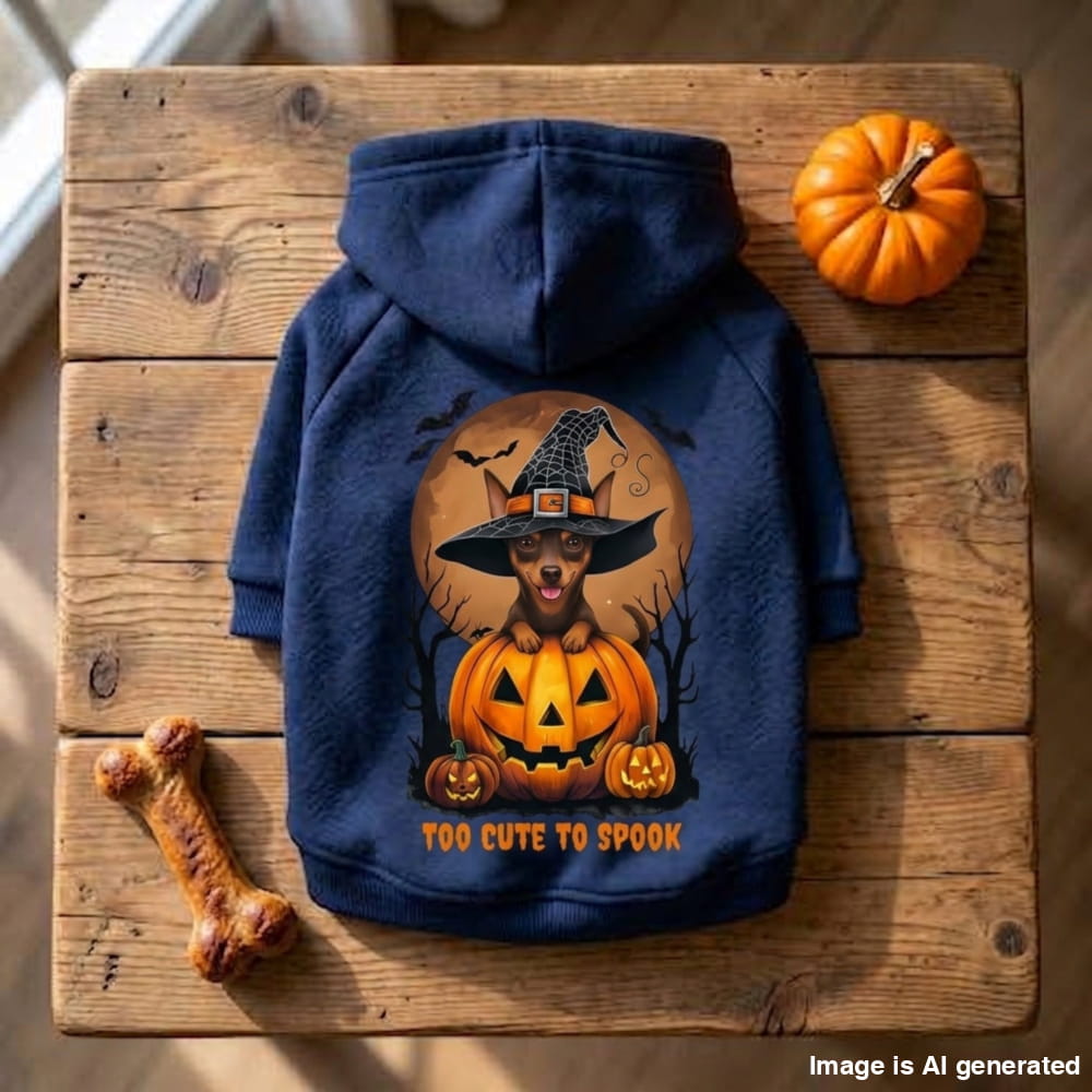 A navy blue pet hoodie with a Halloween graphic of a dog in a witch hat and jack-o'-lantern, laid flat on a rustic wooden surface with a pumpkin and bone prop.