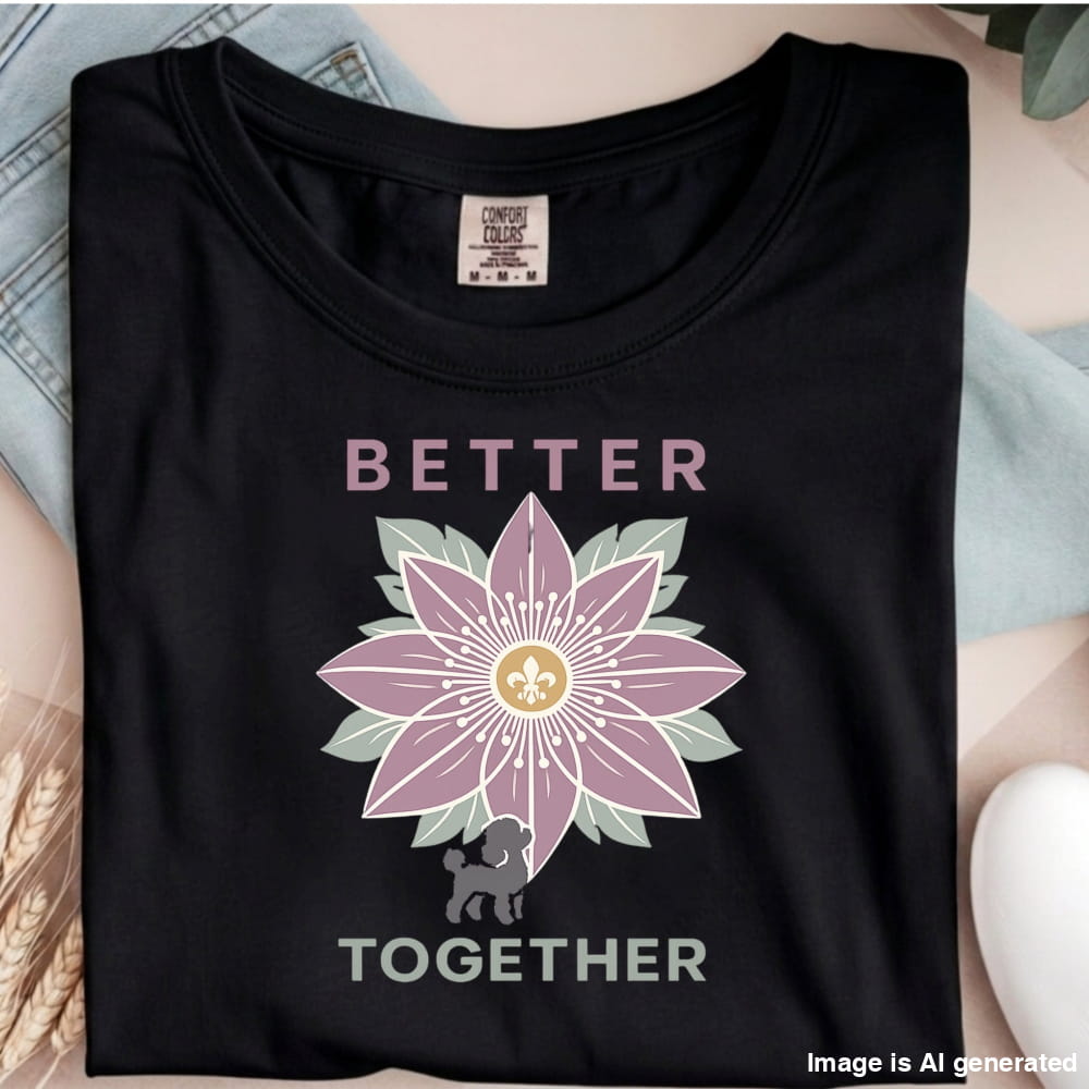 Black t-shirt with a flower design and 'Better Together' text on a neutral background