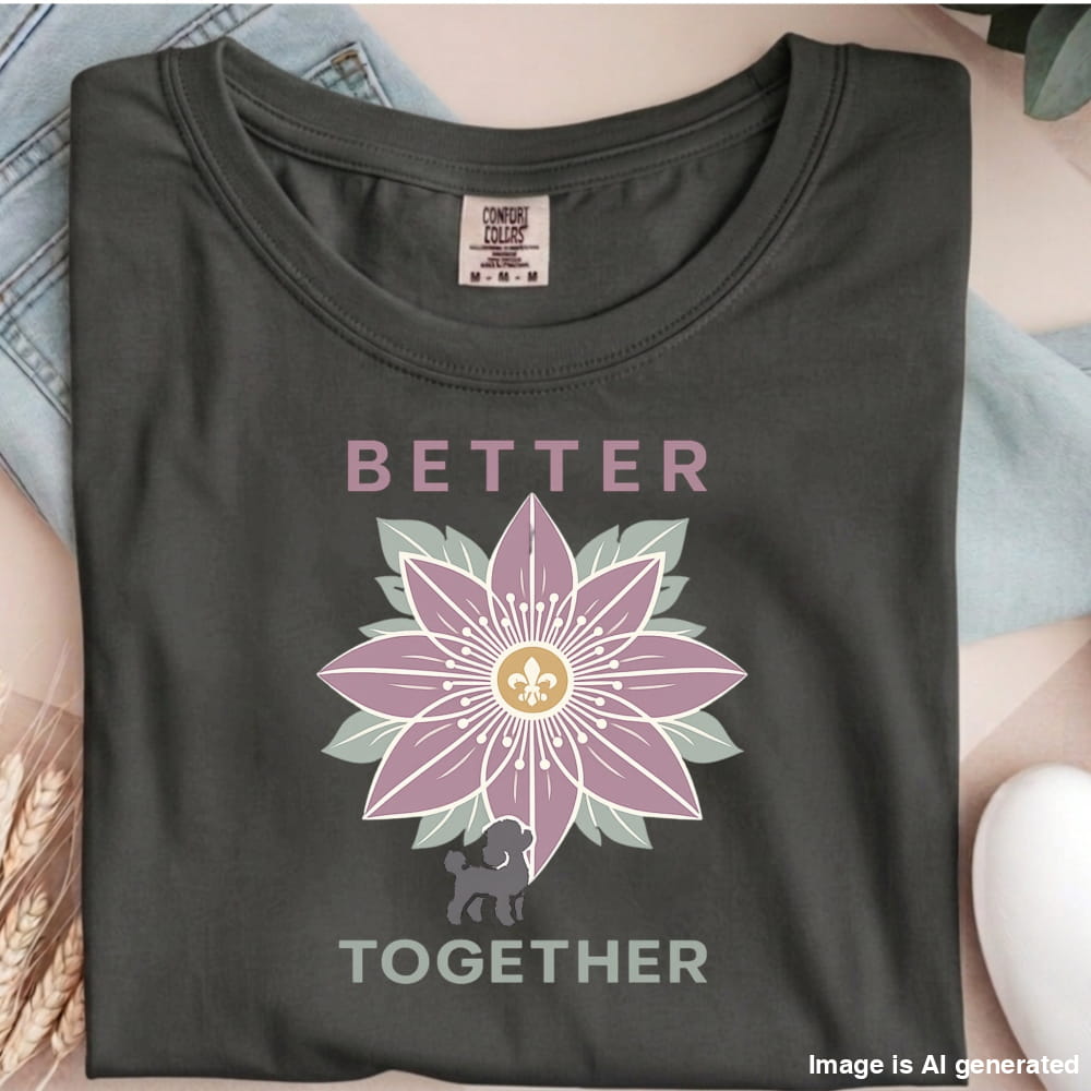 Dark gray t-shirt with a flower design and 'Better Together' text on a textured surface.