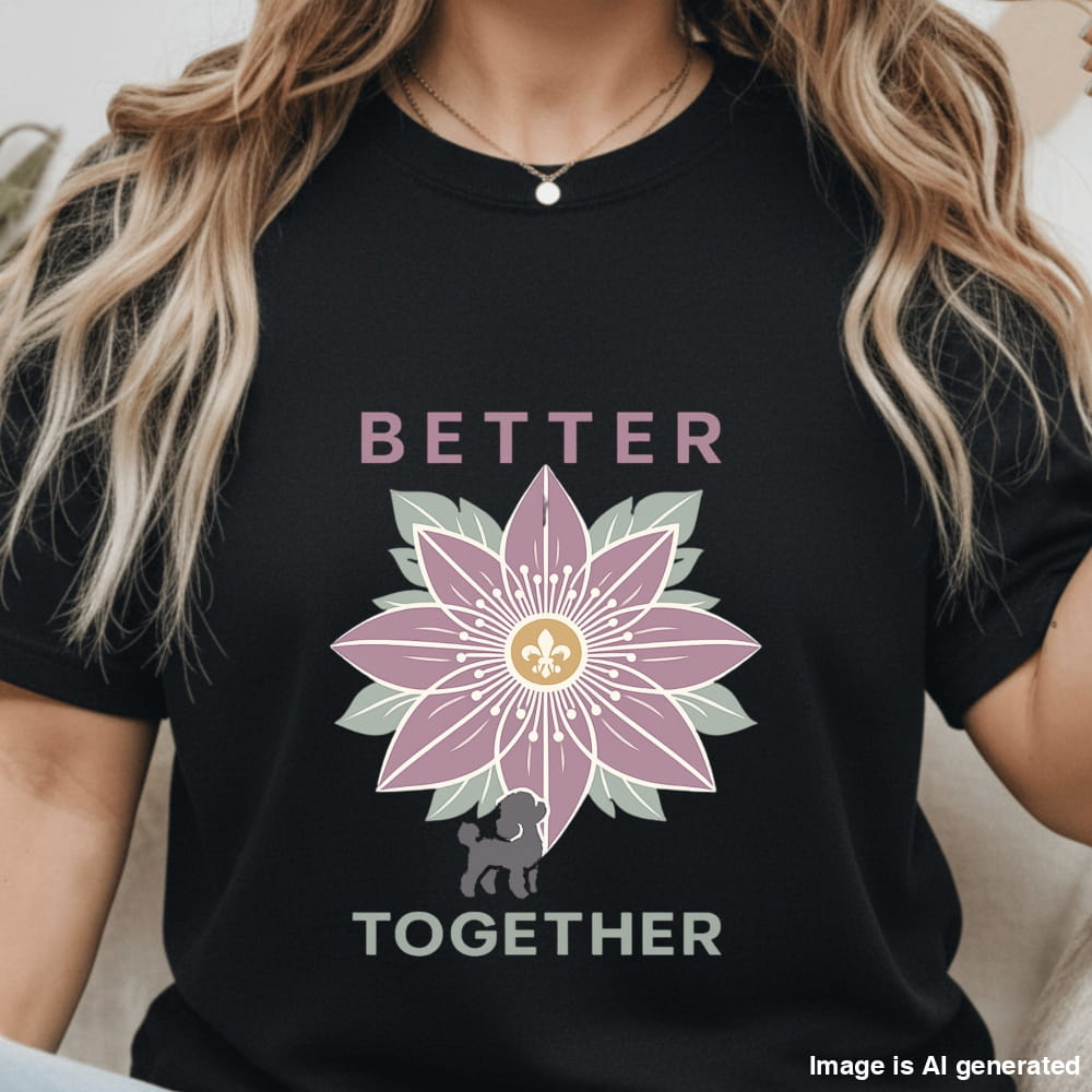 Black t-shirt with a pink flower design and 'Better Together' text worn by a person.