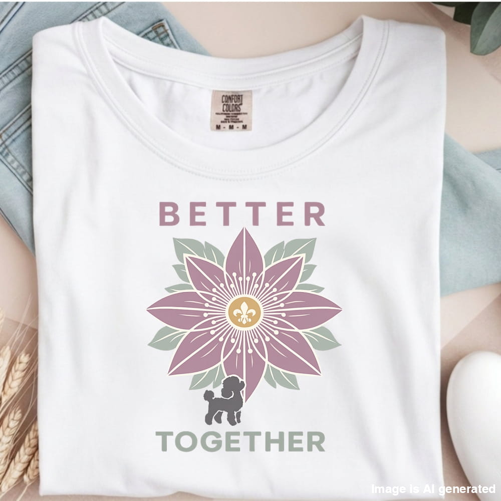 White t-shirt with a purple flower design and text 'Better Together' on a neutral background
