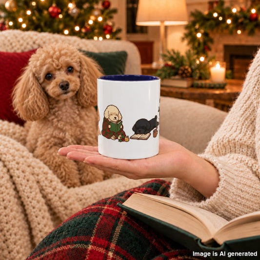 A hand holds a white ceramic mug with a navy interior and an illustration of two Toy Poodles reading, while a real apricot Toy Poodle sits on a cozy couch near a Christmas tree.