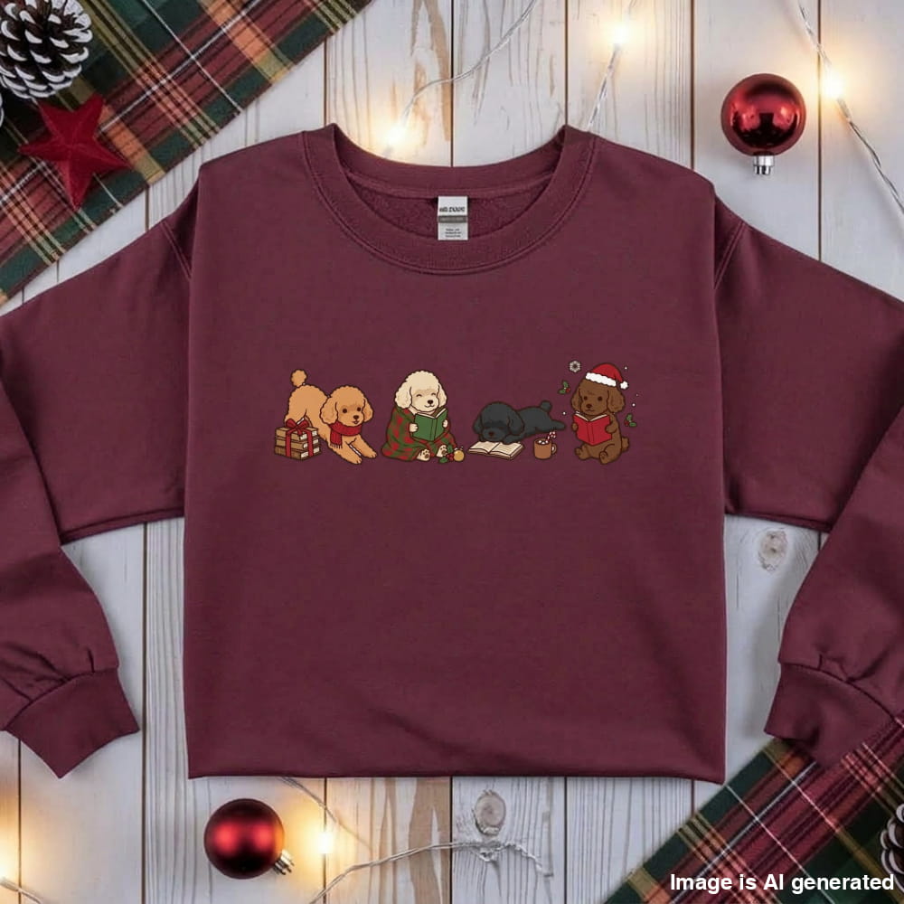 Maroon Toy Poodle Christmas Reading Sweatshirt, flat lay with holiday ornaments, string lights and plaid fabric