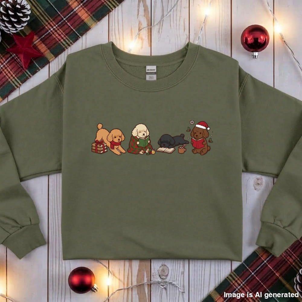 Military green Toy Poodle Christmas Reading Sweatshirt, flat lay with holiday ornaments, string lights and plaid fabric