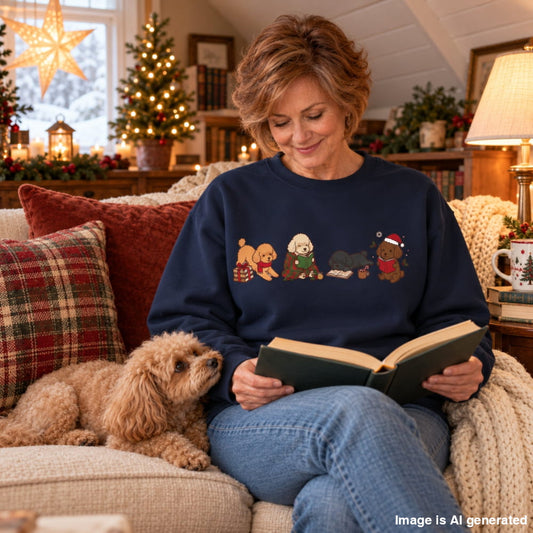 Woman in a navy Toy Poodle Christmas Reading Sweatshirt reading a book in a cozy, Christmas-decorated room with her small dog beside her