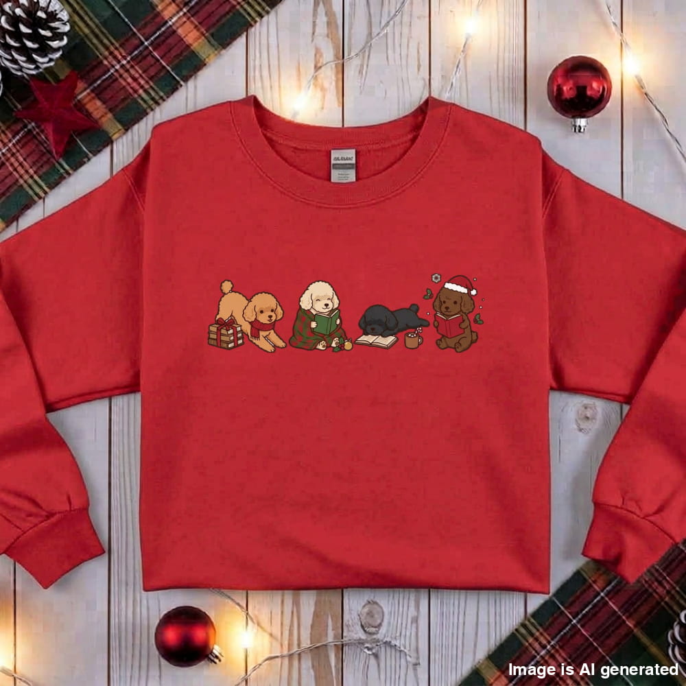 Red Toy Poodle Christmas Reading Sweatshirt, flat lay with holiday ornaments, string lights and plaid fabric
