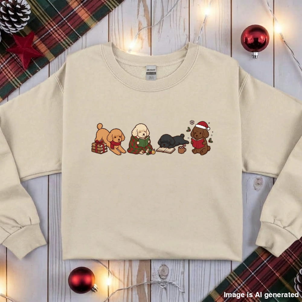 Sand Toy Poodle Christmas Reading Sweatshirt, flat lay with holiday ornaments, string lights and plaid fabric