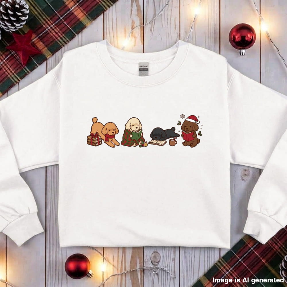 White Toy Poodle Christmas Reading Sweatshirt, flat lay with holiday ornaments, string lights and plaid fabric