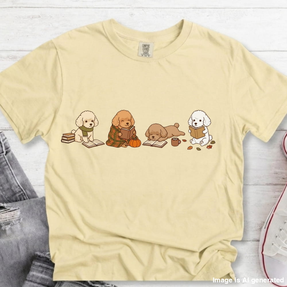 A pale yellow short-sleeve t-shirt with a graphic of three cute cartoon poodles reading books, styled in a flat-lay on a white wood background with jeans and a sneaker partially visible.