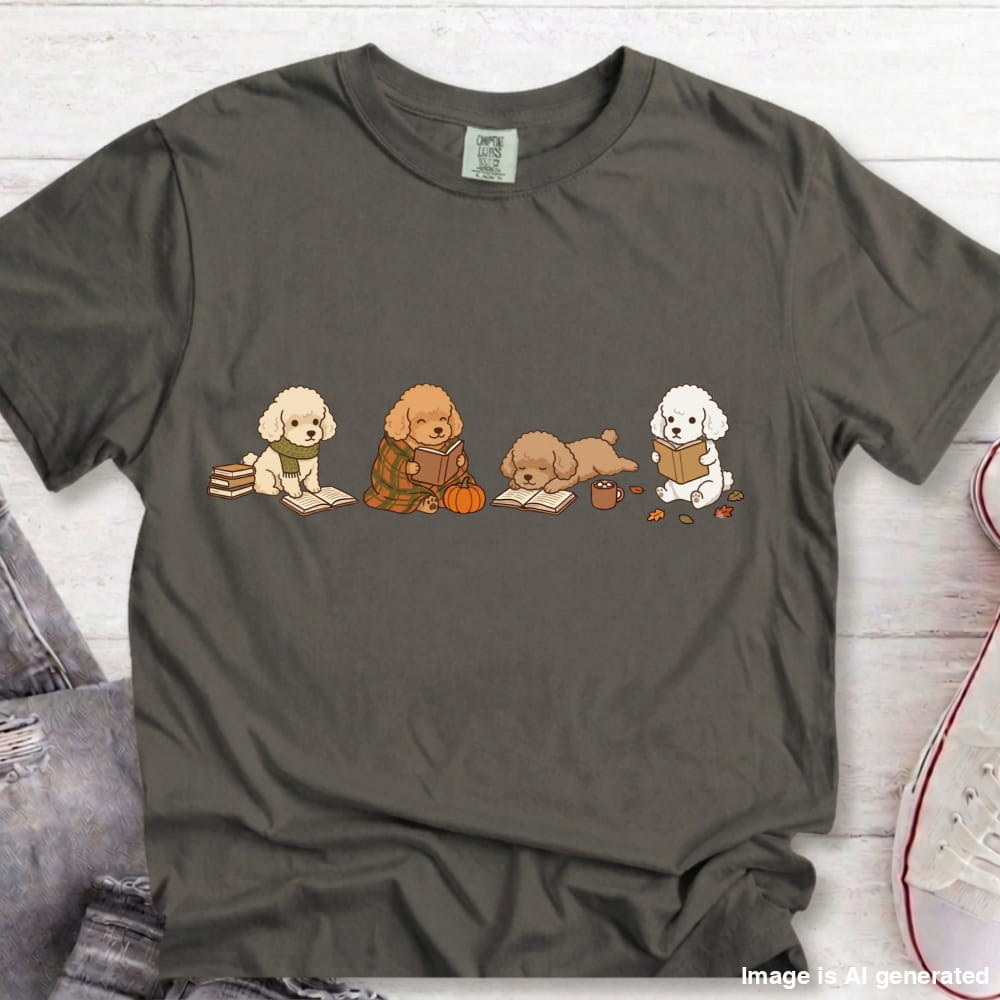 A dark gray t-shirt with a graphic of four cute cartoon dogs reading books, styled in a flat-lay on a white wood background with jeans and a sneaker partially visible.