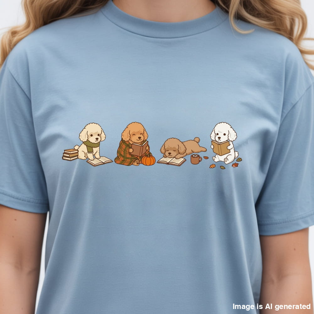 A light blue crewneck t-shirt featuring a graphic print of four cute cartoon poodles reading books, worn by a model.