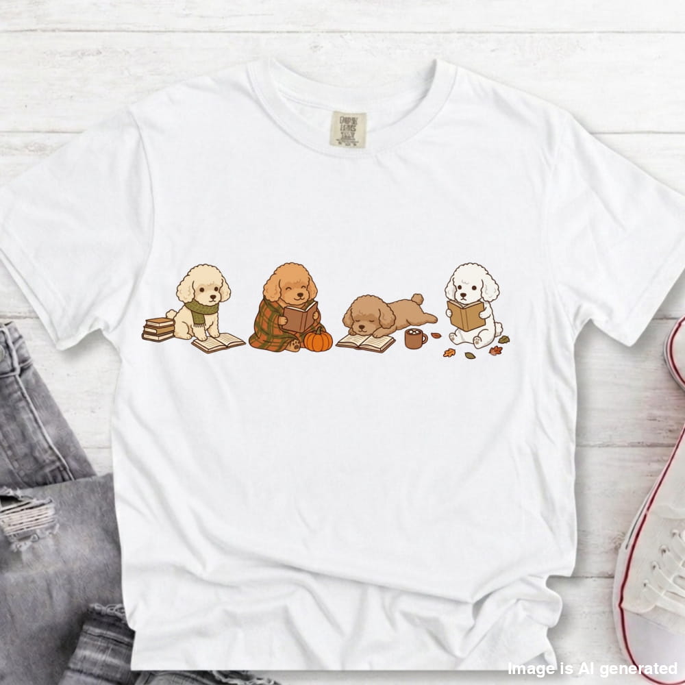 A white short-sleeve crewneck t-shirt featuring a graphic print of four cute cartoon dog puppies reading books, styled in a flat-lay on a white wood background with jeans and a sneaker partially visible.