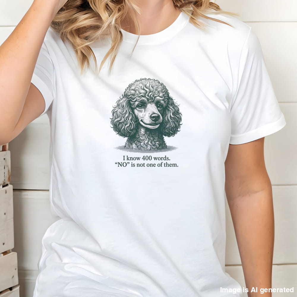 White t-shirt with a poodle graphic and text worn by a person.