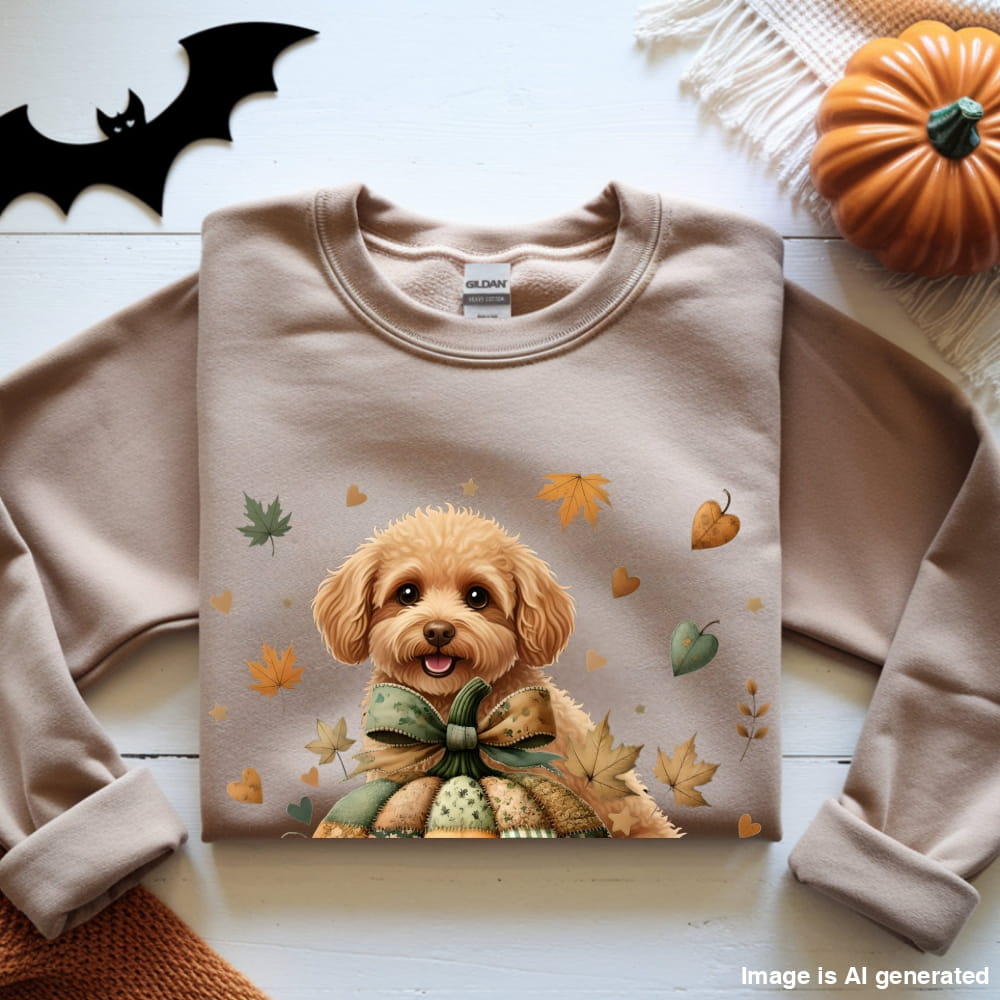 Beige sweatshirt with a dog and autumn leaves design on a white surface.