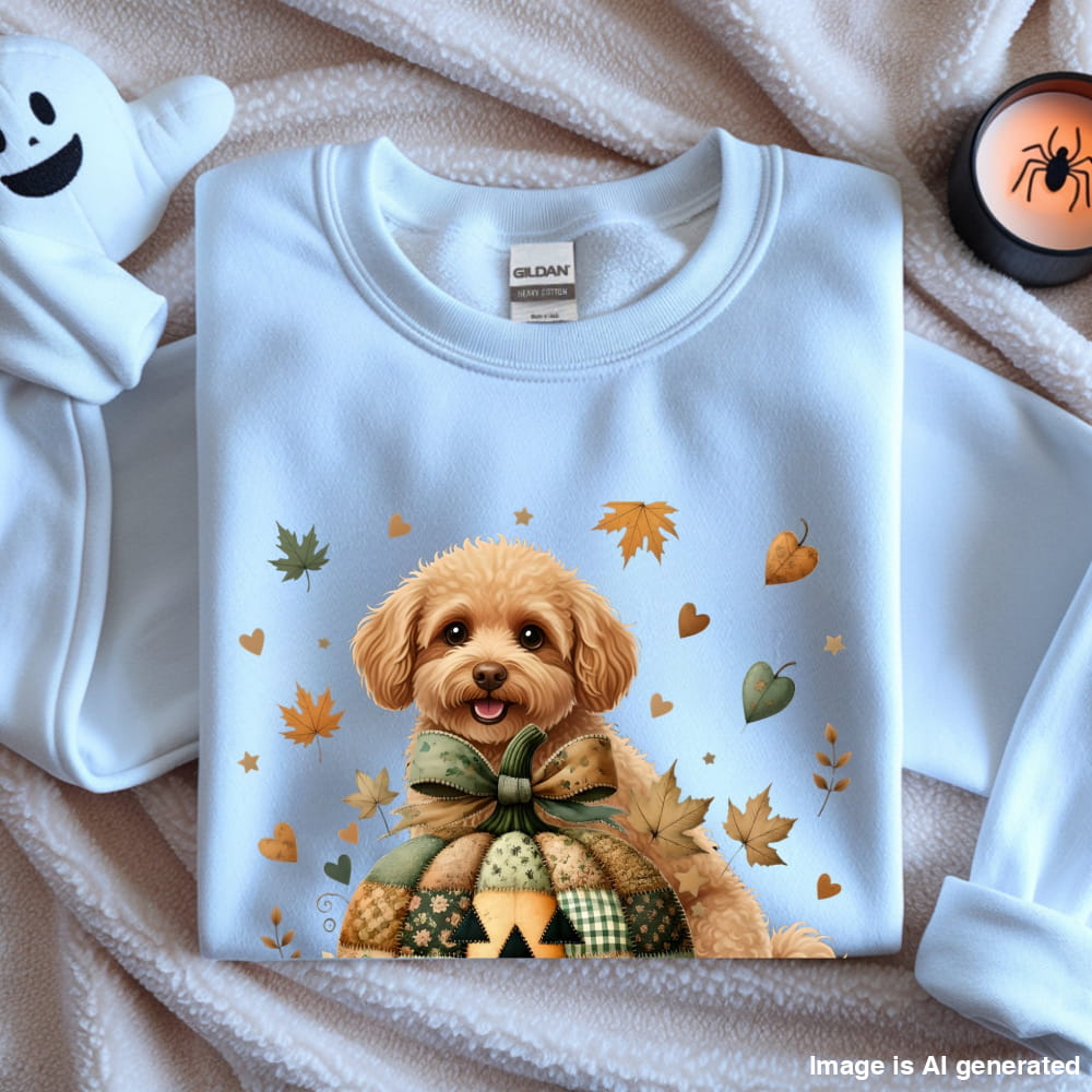 White sweatshirt with a dog illustration and autumn leaves on a textured surface