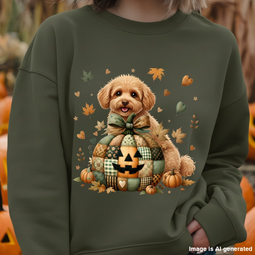 Green sweatshirt with a dog and autumn-themed design, worn by a person.
