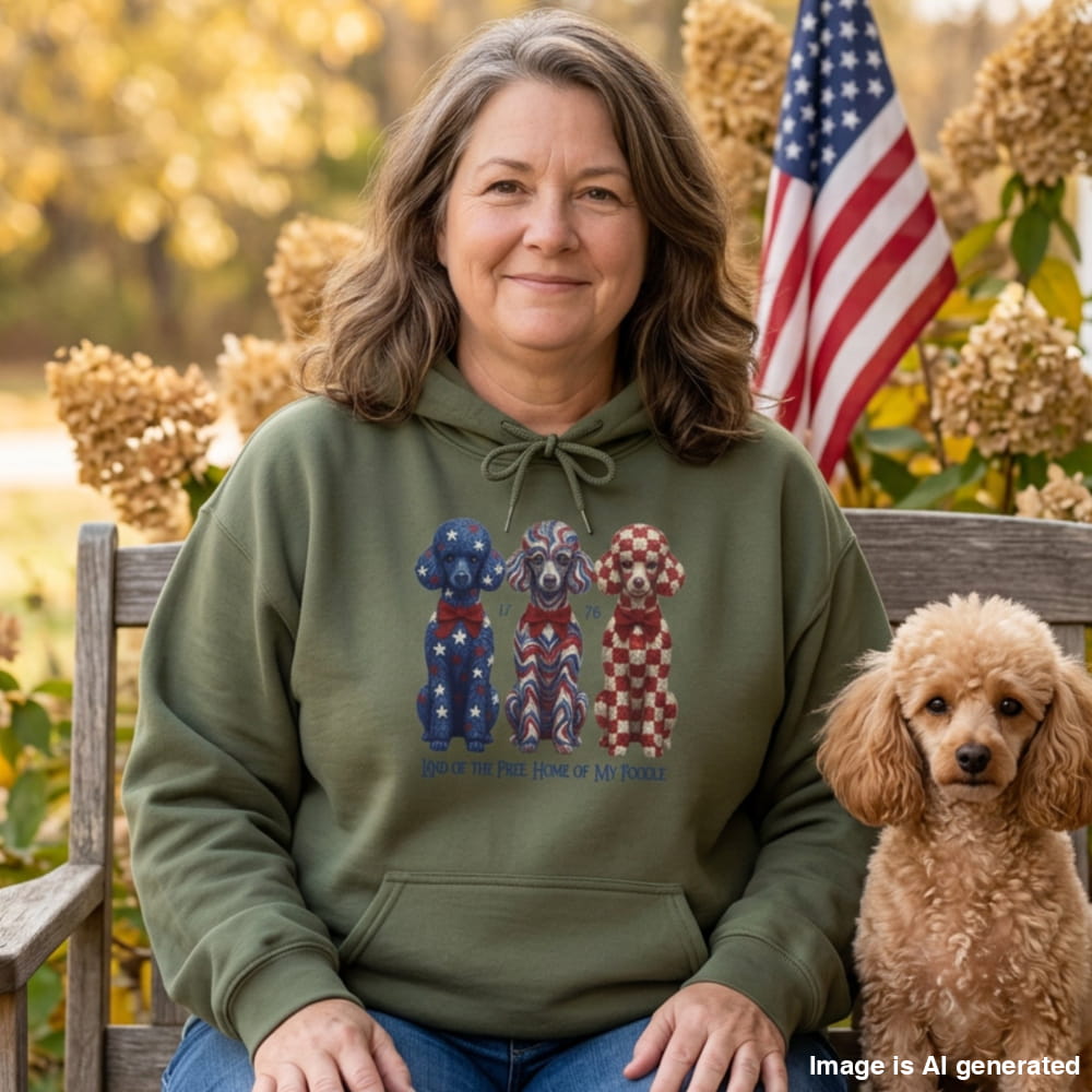 A woman sitting on a wooden bench outdoors wearing an olive green hoodie with a patriotic dog graphic, next to a small poodle and an American flag in the background.