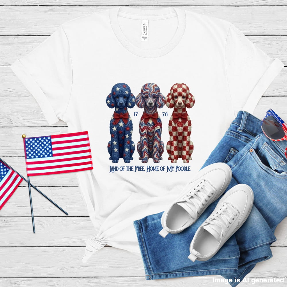 White t-shirt with dog illustration, American flags, jeans, and sneakers on a wooden surface