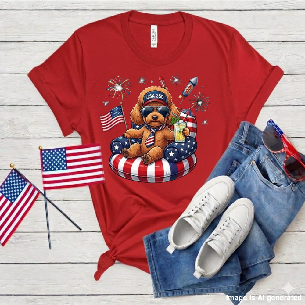 Red t-shirt with a teddy bear graphic, American flags, and sunglasses on a wooden surface.