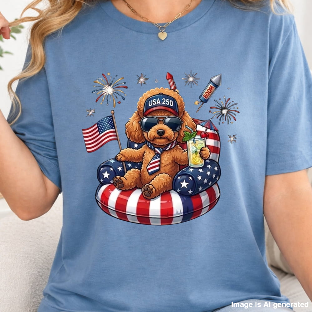 Blue t-shirt with a bear graphic holding an American flag and a drink, surrounded by fireworks and stars.
