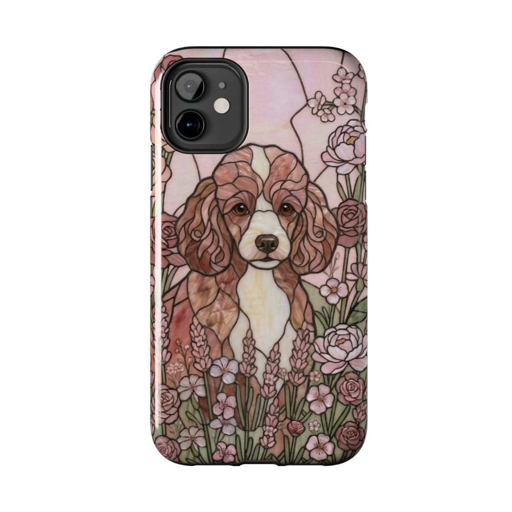 Phone case with a dog and floral design on a white background