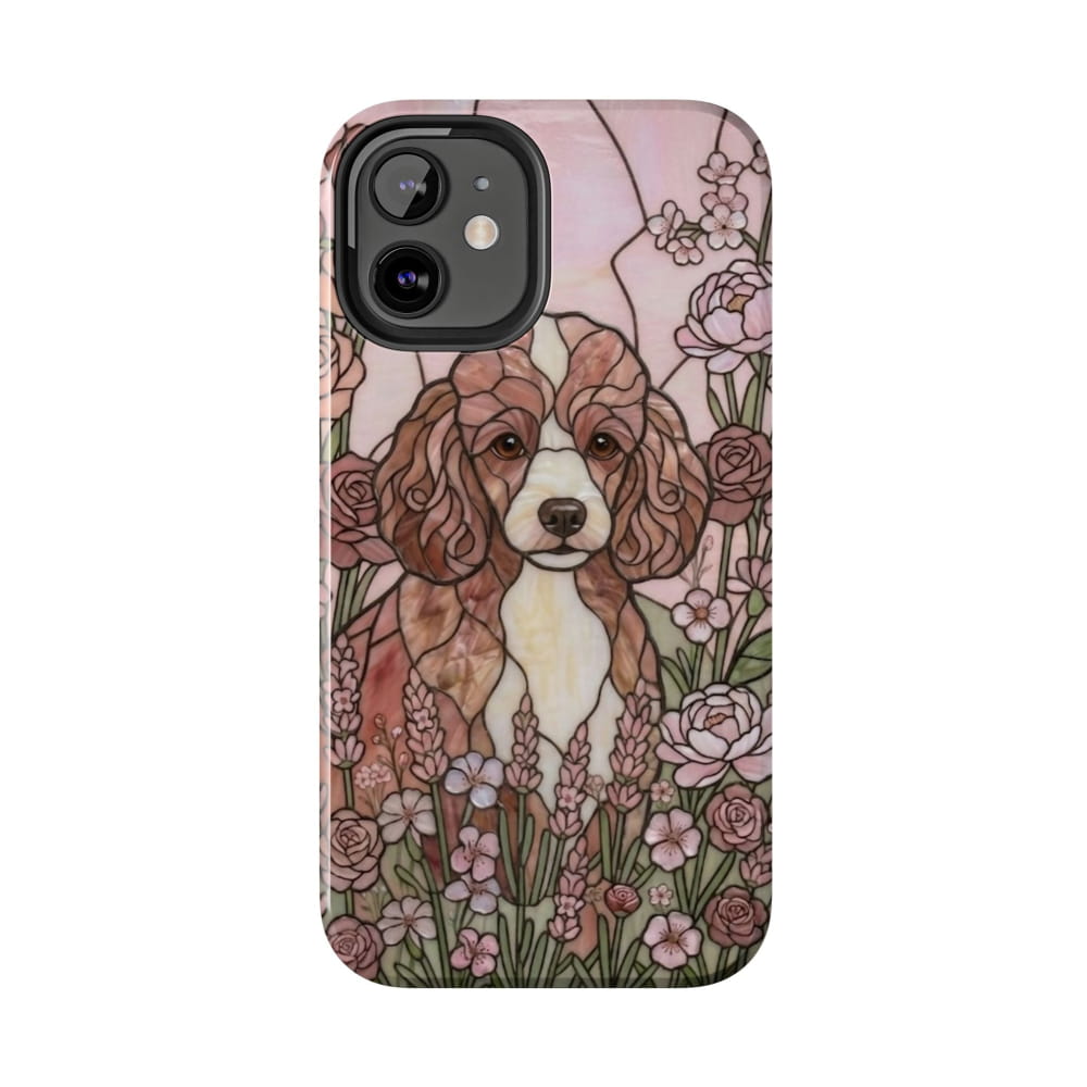 Toy Poodle Stained Glass Style Tough Case, Rose Garden Theme - iPhone 12 Mini - Phone Case