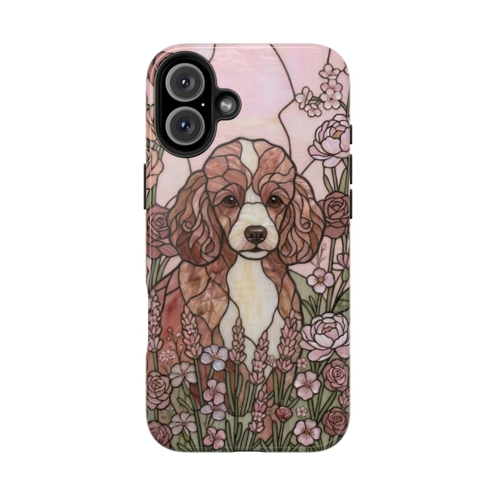 Toy Poodle Stained Glass Style Tough Case, Rose Garden Theme - iPhone 16 Plus - Phone Case